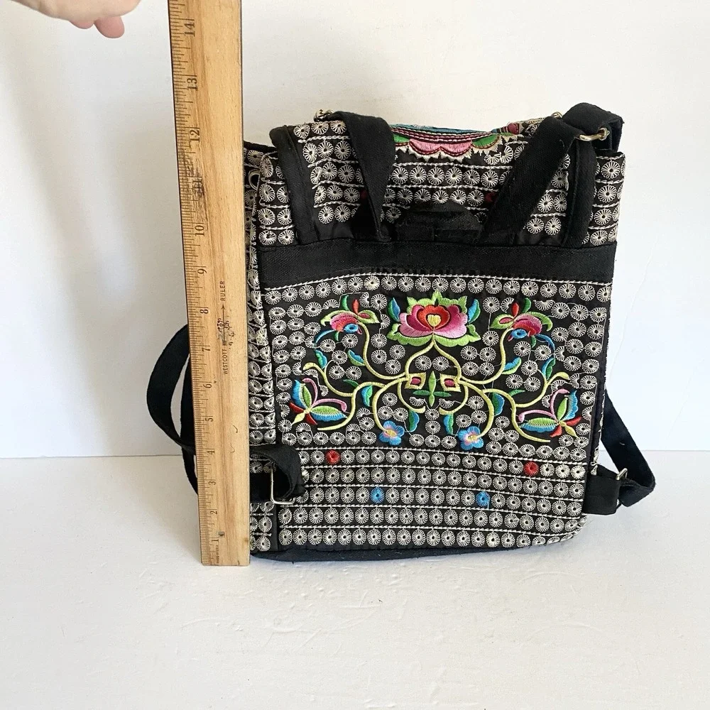Unbranded Backpack Womens Medium Floral Rose Embroidered Boho‎ Black Excellent